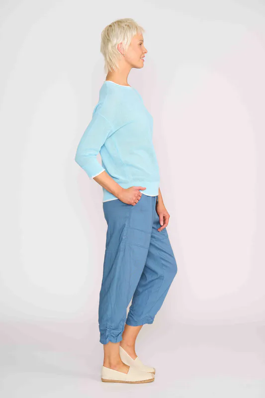 Model wearing Blue Draped Panel Detail Trousers By OH Three Available at Beetees Nelson