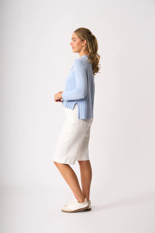 Model wearing Sky Blue Best Feature Cardigan By Foil Available at Beetees Nelson