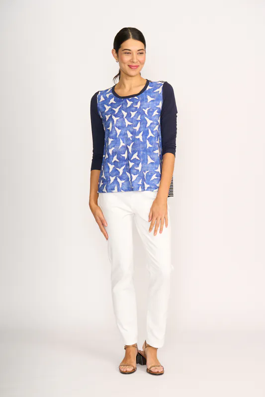 Model wearing Flock of Birds Top - Relaxed Fit, Contrast Front By Memo Available at Beetees Nelson
