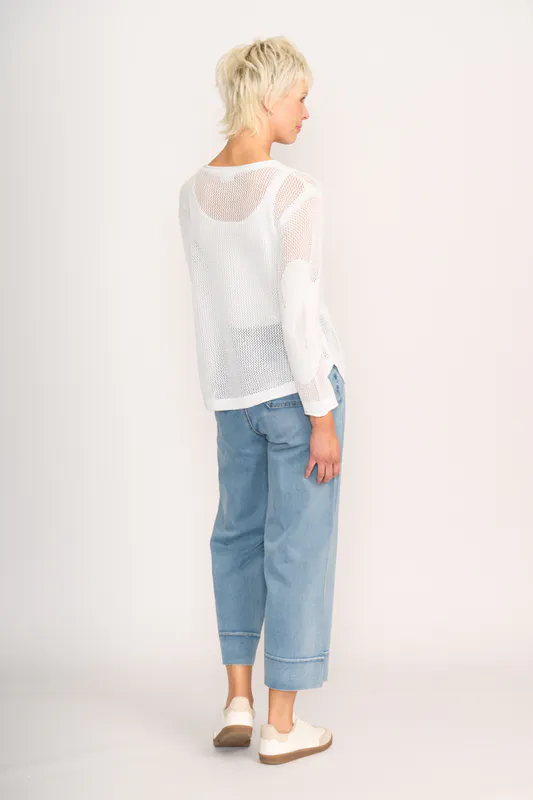 Model wearing White Make My Daisy Sweater By Foil Available at Beetees Nelson