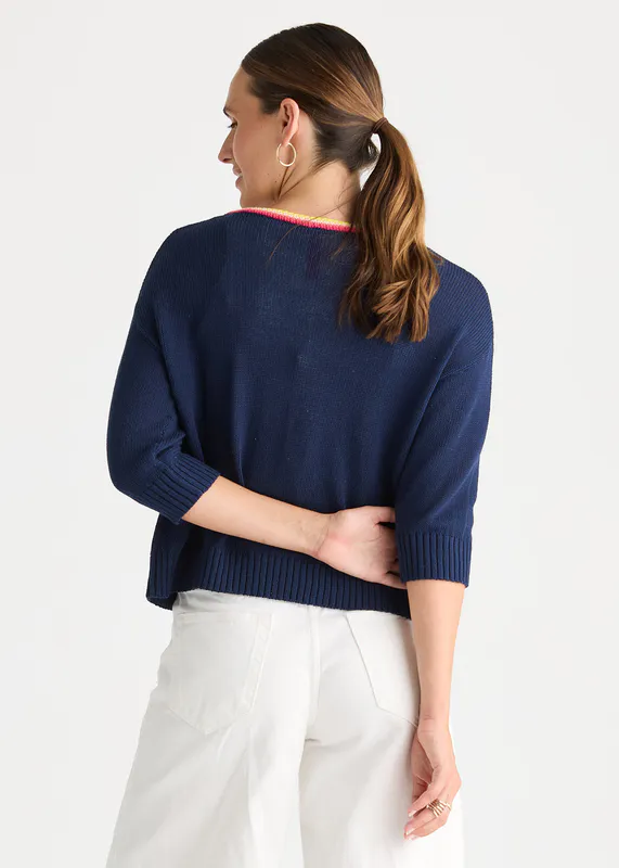 Model wearing Navy Crochet Trim Cardi By Zaket & Plover Available at Beetees Nelson