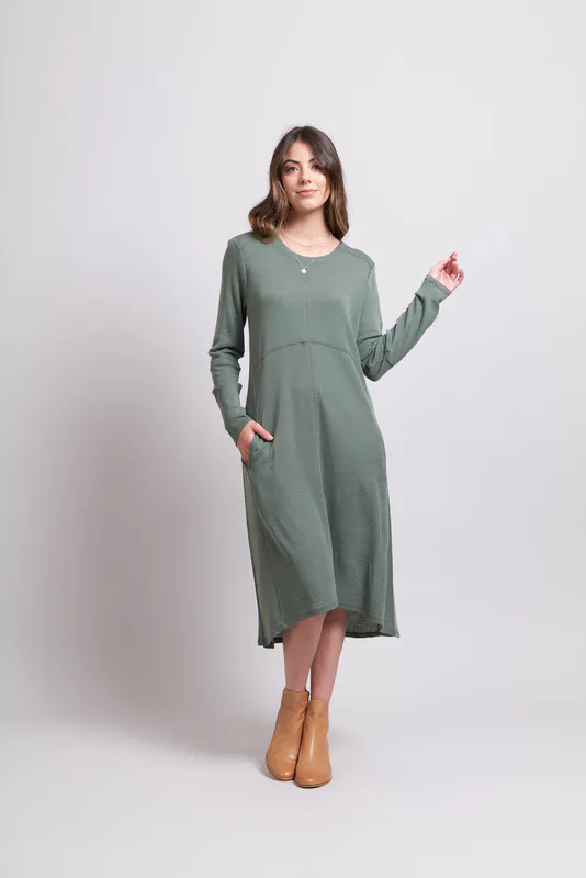 Model wearing Nori Green Coloured Dress - Panelled Midi By Foil Available at Beetees Nelson