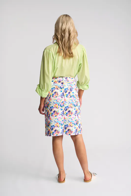 Model wearing Denim Poppy Skirt By Vassalli Available at Beetees Nelson