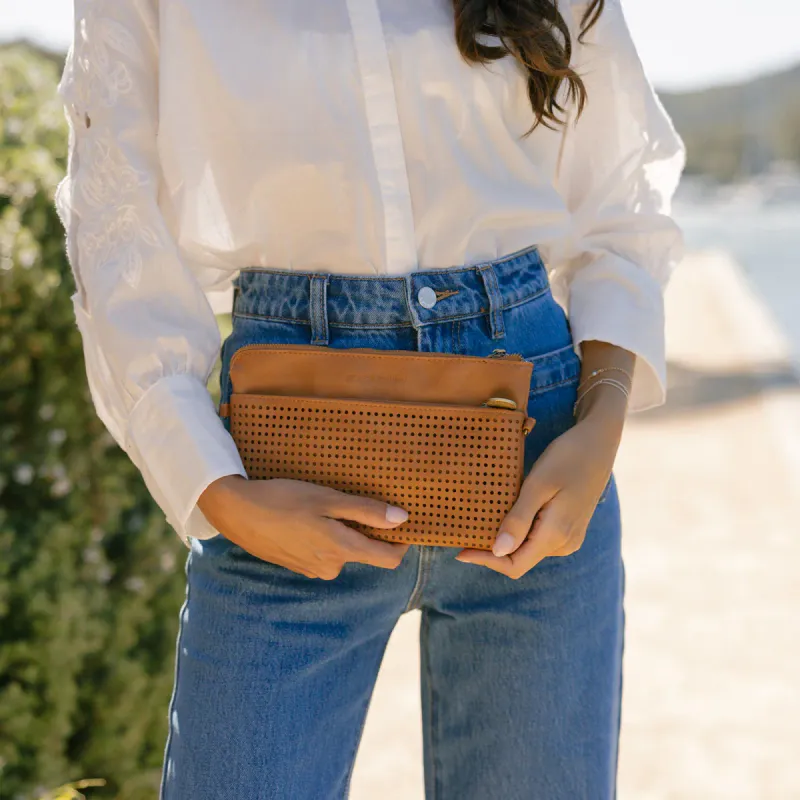 Model wearing Tan Nina Tan Crossbody/Clutch By Black Caviar Available at Beetees Nelson