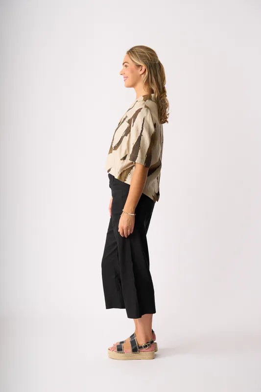 Model wearing Black Trousers - Wide Leg, Mid Length By Oh Three Available at Beetees Nelson