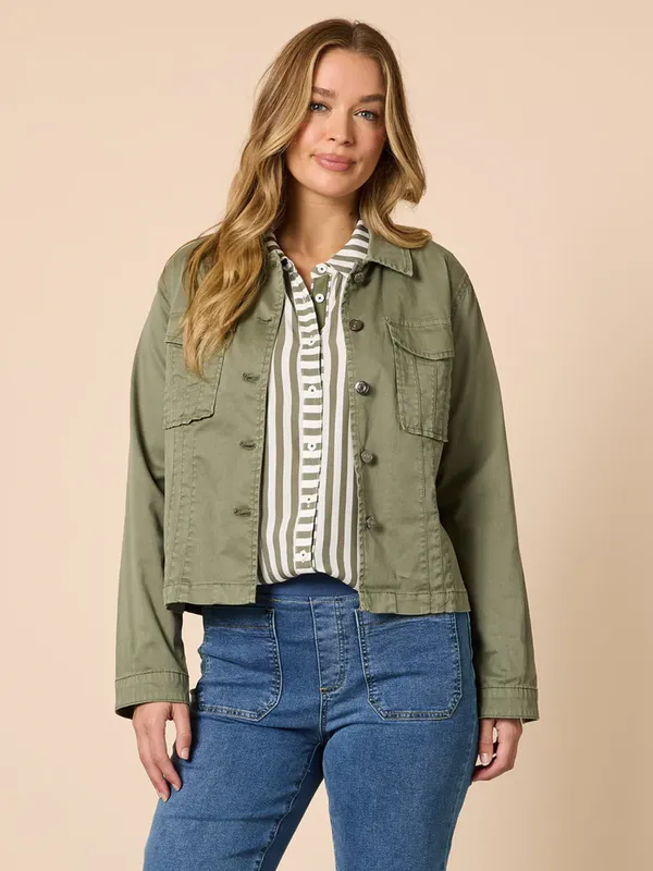 Model wearing Washed Khaki Retro Denim Jacket By Threadz Available at Beetees Nelson