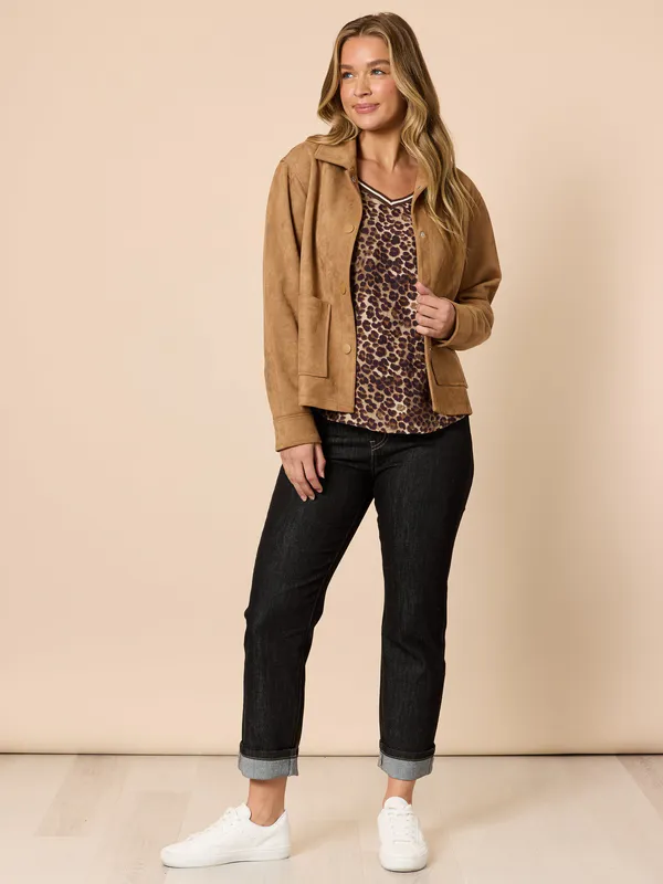 Model wearing Caramel Downtown Suede Jacket By Threadz Available at Beetees Nelson