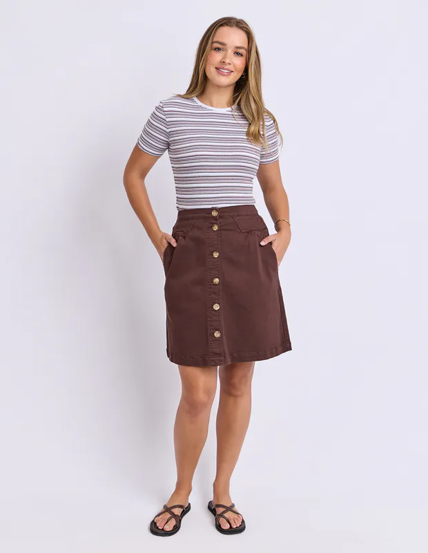 Model wearing Chocolate Leona Rib Top By Foxwood Available at Beetees Nelson