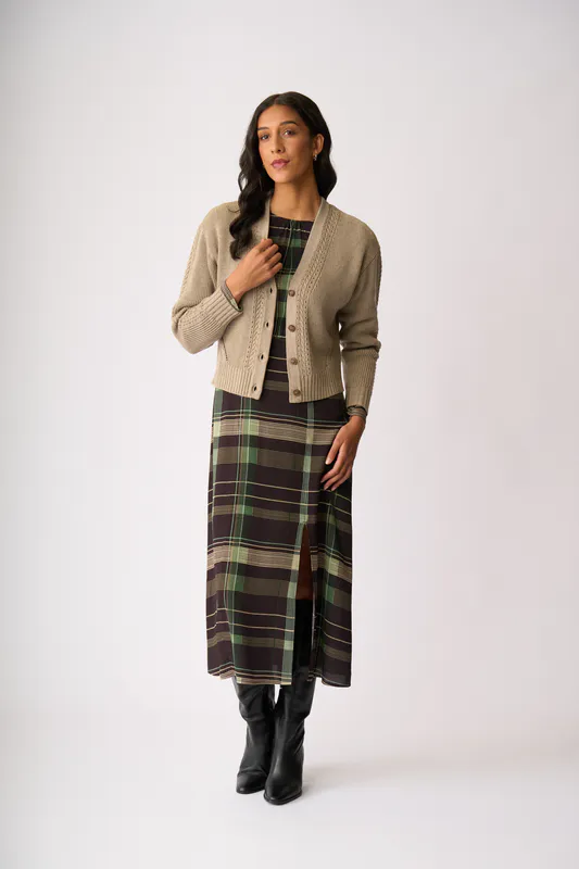 Model wearing Camel Cable Knit Detail Cardigan By Memo Available at Beetees Nelson