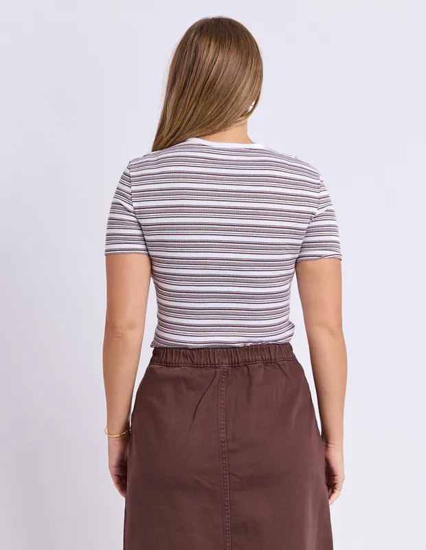 Model wearing Chocolate Leona Rib Top By Foxwood Available at Beetees Nelson