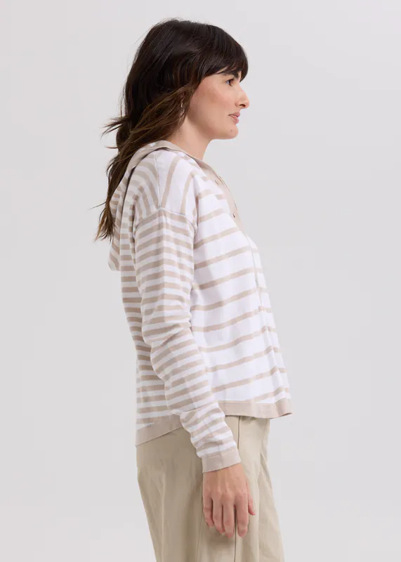 Model wearing Taupe Multi Stripe Hoodie By LD + CO Available at Beetees Nelson