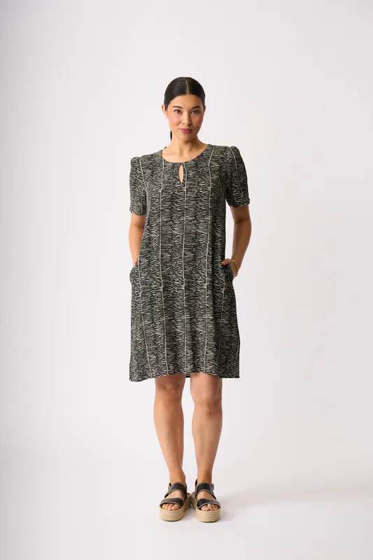 Model wearing Zebra In The Spotlight Dress By Foil Available at Beetees Nelson