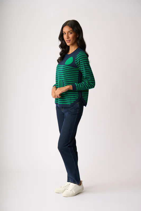 Model wearing Steel Green Scoop The Spots Jumper By Memo Available at Beetees Nelson
