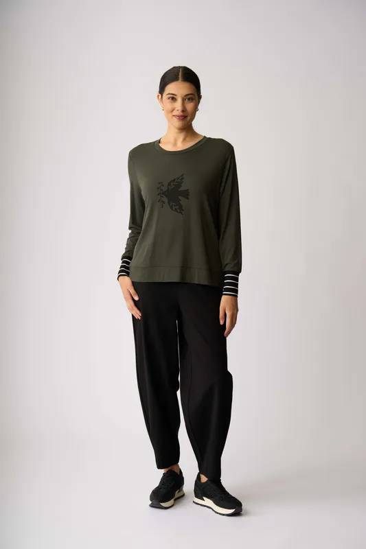 Model wearing Bird with Twig Stripe Cuff Top By Foil Available at Beetees Nelson