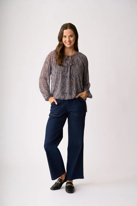 Model wearing Shadow Leopard Drawcord Hem Blouse By Memo Available at Beetees Nelson