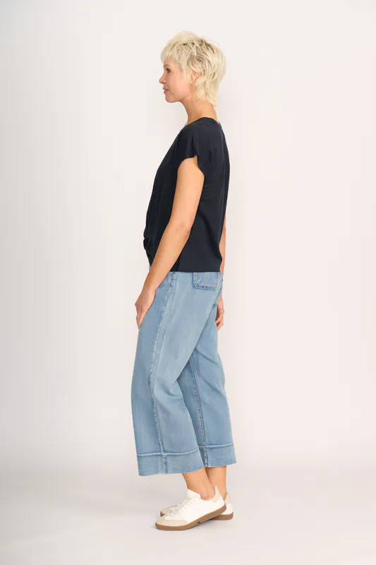 Model wearing True Navy Do The Twist Top By Foil Available at Beetees Nelson