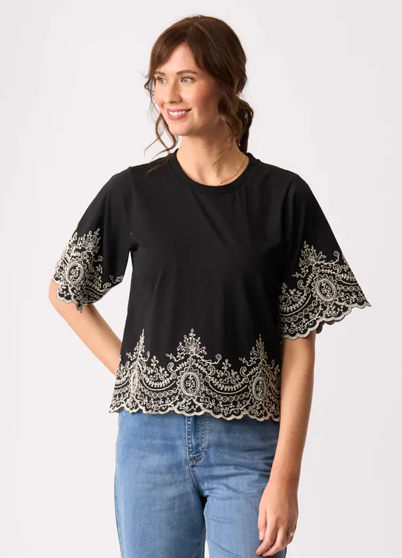 Model wearing Black Broderie Detail Top By Memo Available at Beetees Nelson