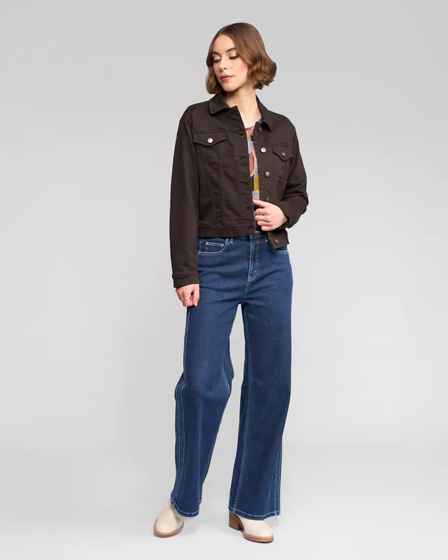 Model wearing Chocolate Rider Knit Jacket By Vassalli Available at Beetees Nelson