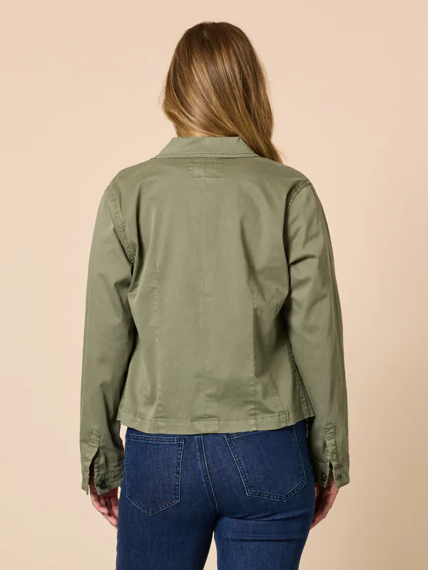 Model wearing Washed Khaki Retro Denim Jacket By Threadz Available at Beetees Nelson