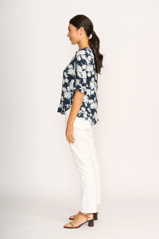 Model wearing Navy Sketch Scoop Hemp Top By Foil Available at Beetees Nelson