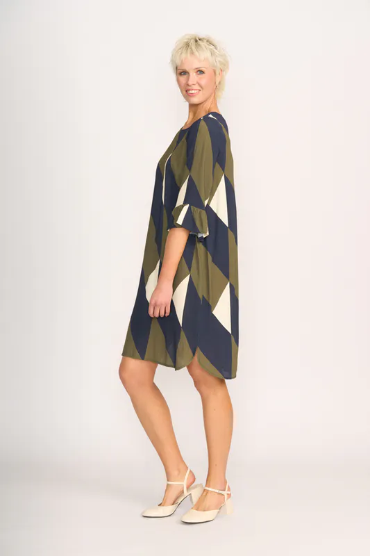 Model wearing Geo Dress - Shift, Fluted Sleeve By Foil Available at Beetees Nelson