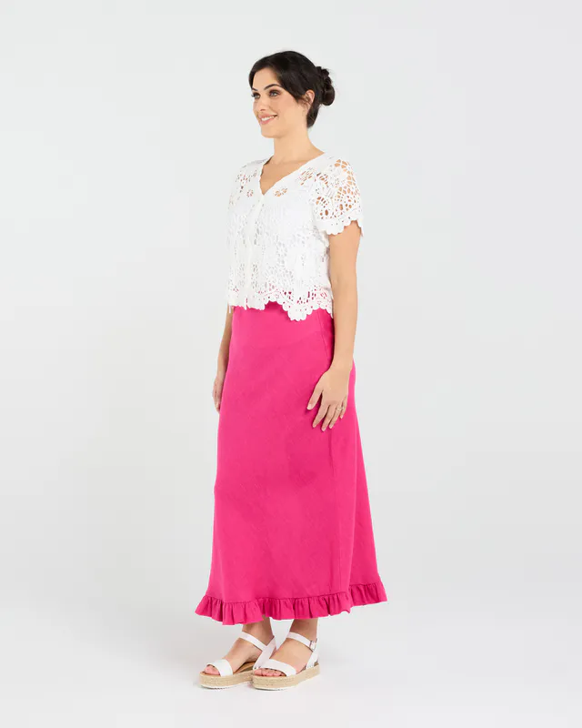 Model wearing White Amber Crochet Style Cardigan By Blackstone Available at Beetees Nelson