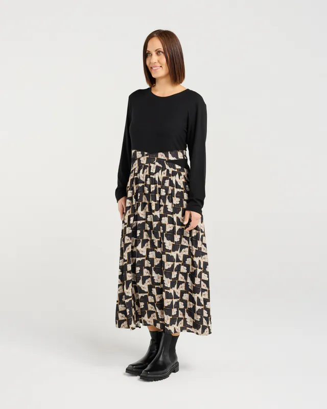 Model wearing Golden Grid Dellah Dress By Seduce Available at Beetees Nelson