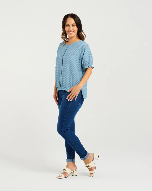 Model wearing Blue Ella Top By Zafina Available at Beetees Nelson