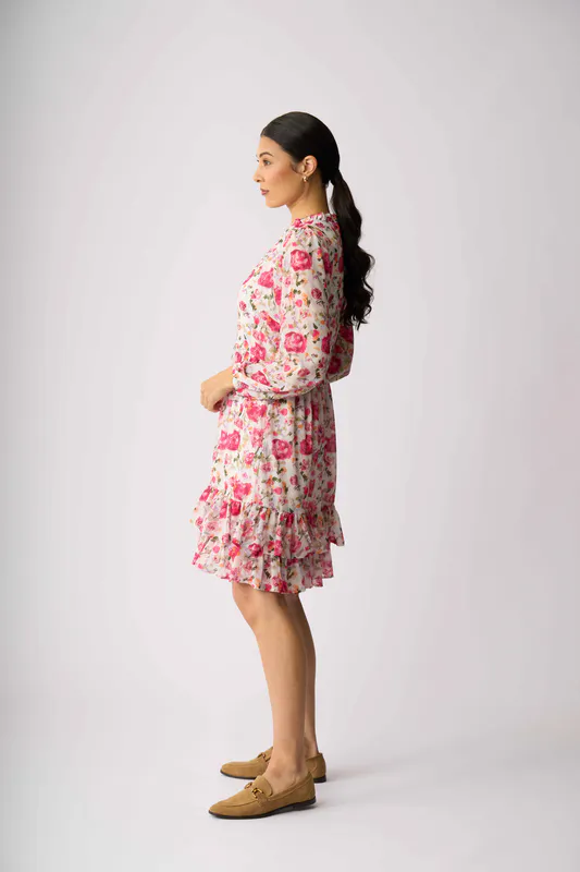 Model wearing Feminine Floral Tier It Up Dress By Memo Available at Beetees Nelson