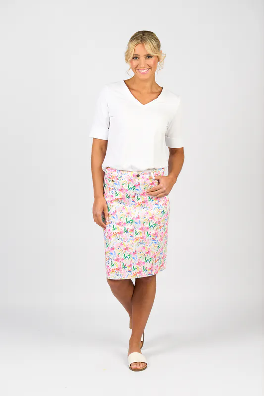Model wearing Willa Printed Lightweight Skirt with Centre Back Vent By Vassalli