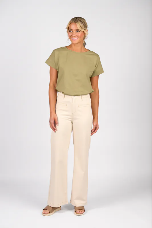 Model wearing Bone Wide Leg Full Length Jean By Vassalli Available at Beetees Nelson