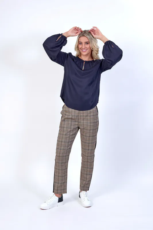 Model wearing Twig Check Coloured Como Pant By Knewe Available at Beetees Nelson