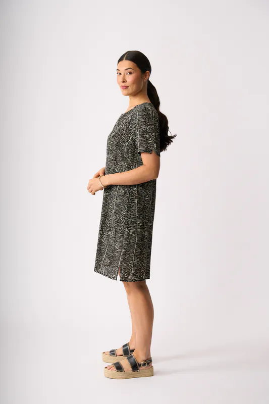 Model wearing Zebra In The Spotlight Dress By Foil Available at Beetees Nelson