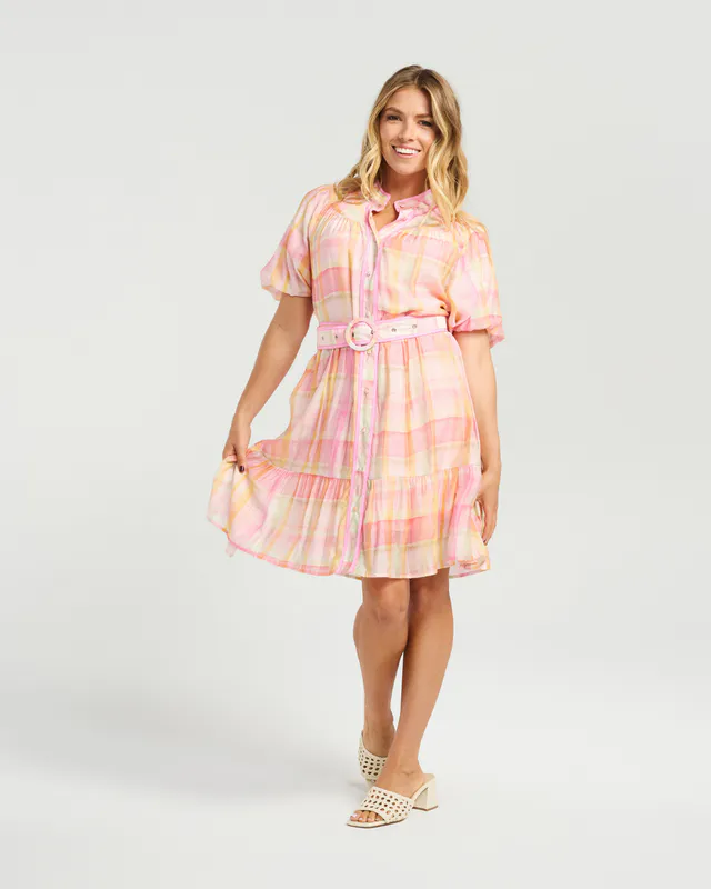 Model wearing Sunset Blush Addie Dress By NMBR Rose Available at Beetees Nelson