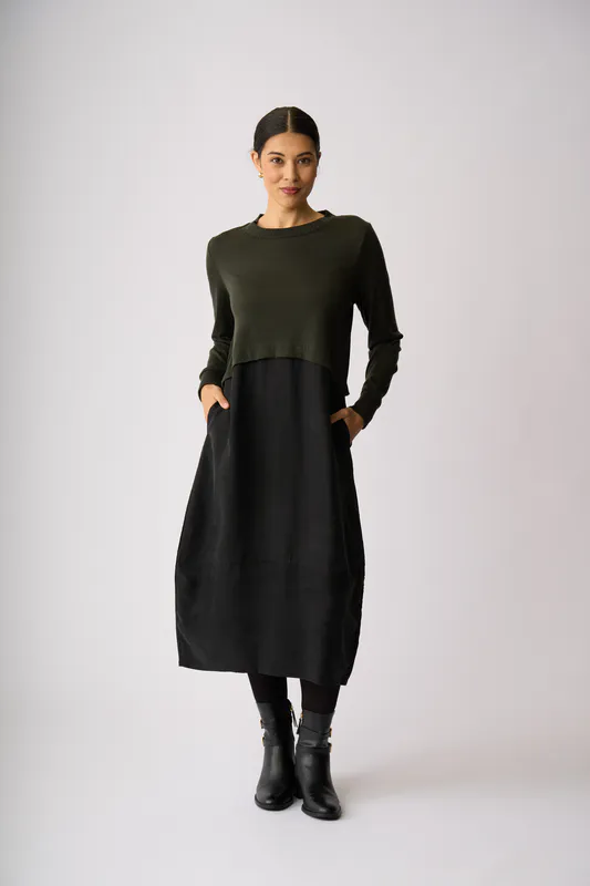 Model wearing Olive ( Black) Mix Things Up Dress By Foil Available at Beetees Nelson