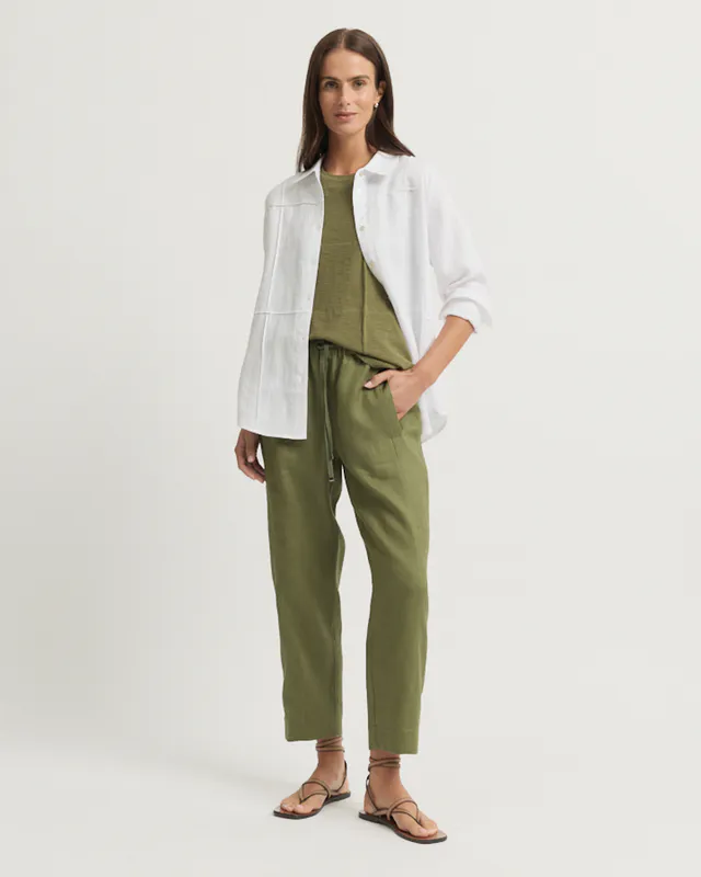Model wearing Lawn Tirari Slim Pant By Yarra Trail Available at Beetees Nelson