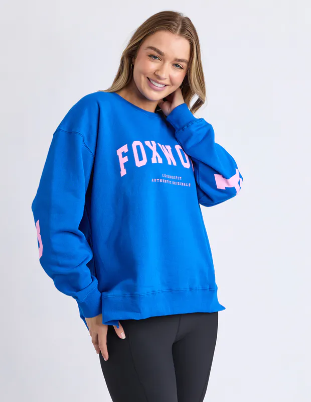 Model wearing Navy/Peach Interval Crew By Foxwood Available at Beetees Nelson