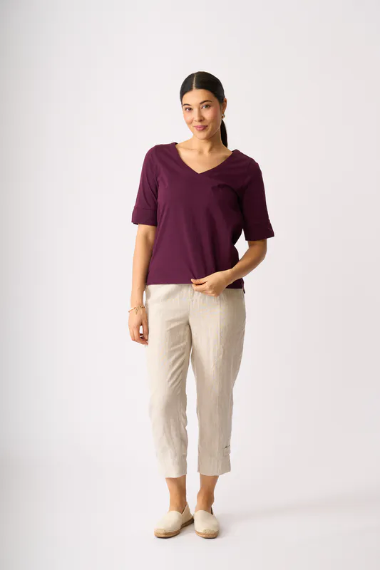Model wearing Pinot V Neck Elbow Sleeve Top By Esplanade Available at Beetees Nelson