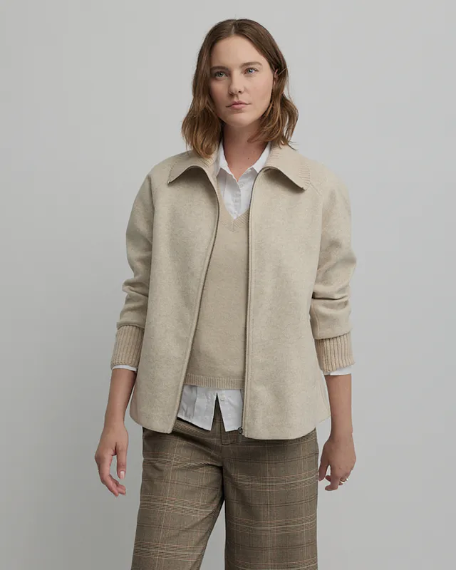 Model wearing Almond Equinox Jacket By Yarra Trail Available at Beetees Nelson