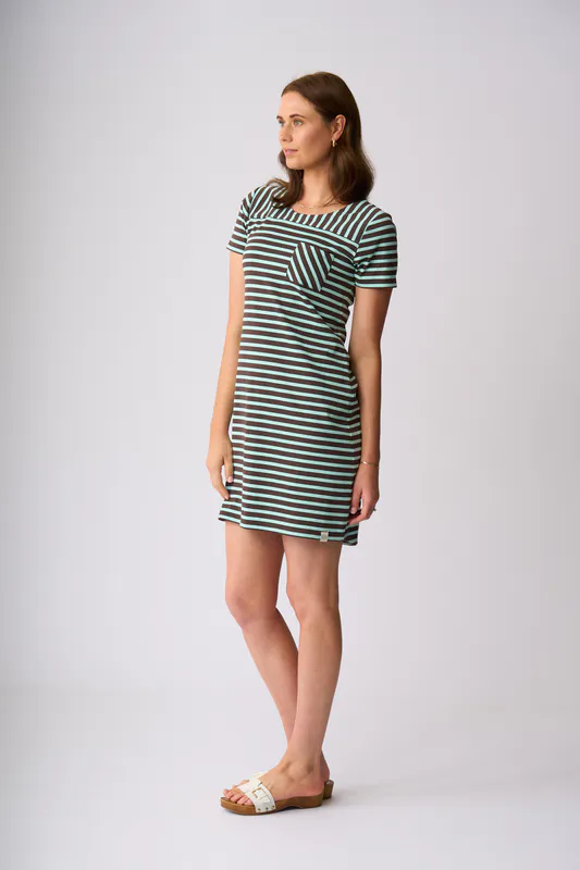 Model wearing Chocolate Seabreeze Stripe Milford Dress By Charlie Jane Available at Beetees Nelson