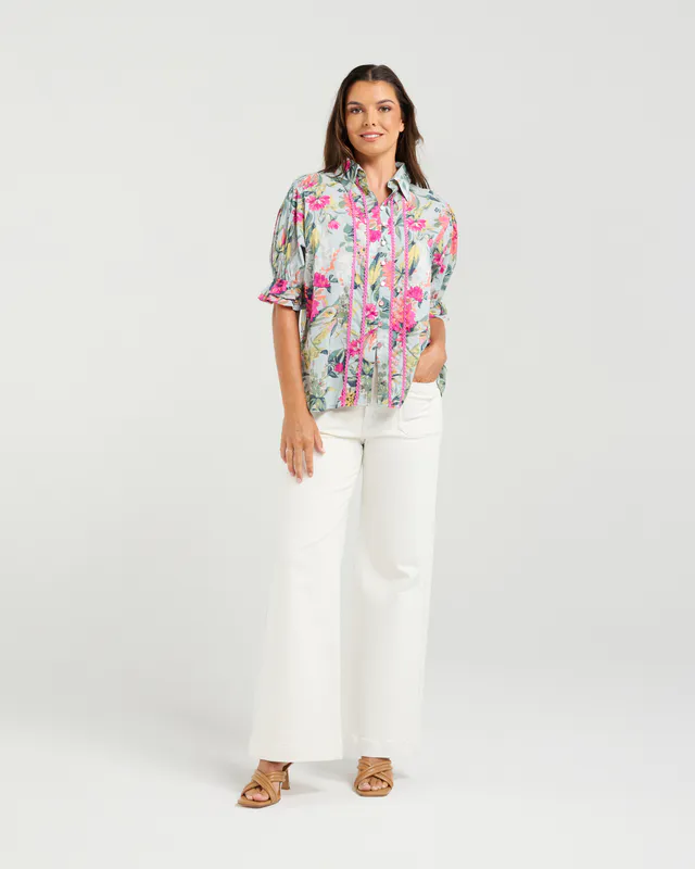 Model wearing Azealea Flower Bossa Top By NMBR Rose Available at Beetees Nelson
