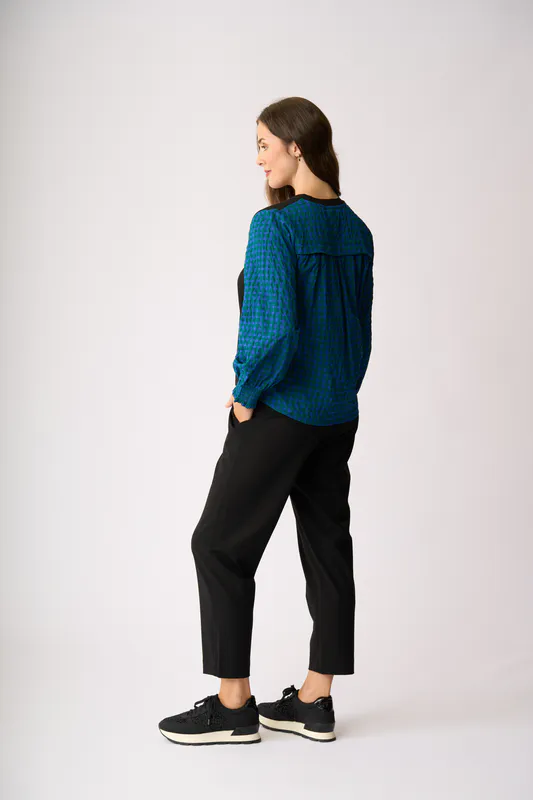 Model wearing Blue Spot Contrast Woven Top By Memo Available at Beetees Nelson