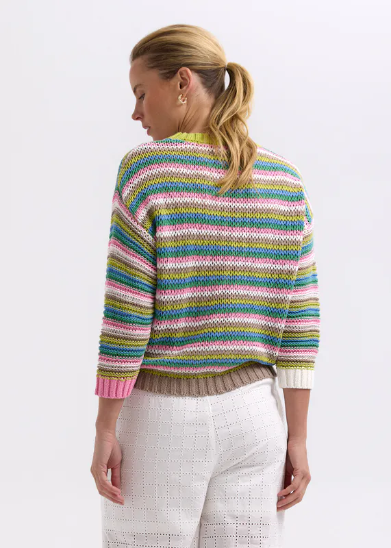 Model wearing Chartreuse Chunky Stripe Jumper By Zaket & Plover Available at Beetees Nelson