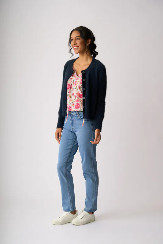 Model wearing Midnight Fluffy Scoop Cardigan By Foil Available at Beetees Nelson