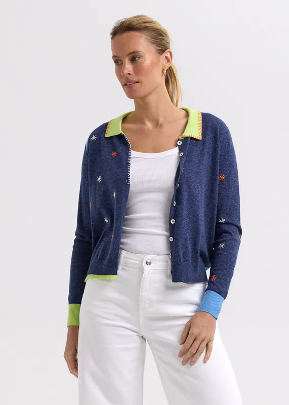 Model wearing Denim Blossoms Hand-Work Cardi By Zaket & Plover Available at Beetees Nelson