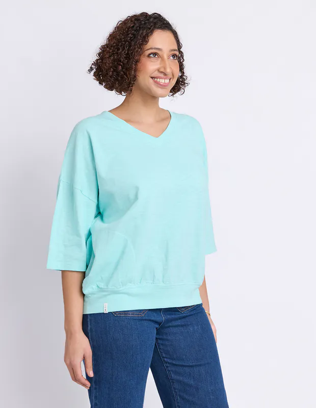 Model wearing Mint Mazie Vee Neck By Elm Available at Beetees Nelson