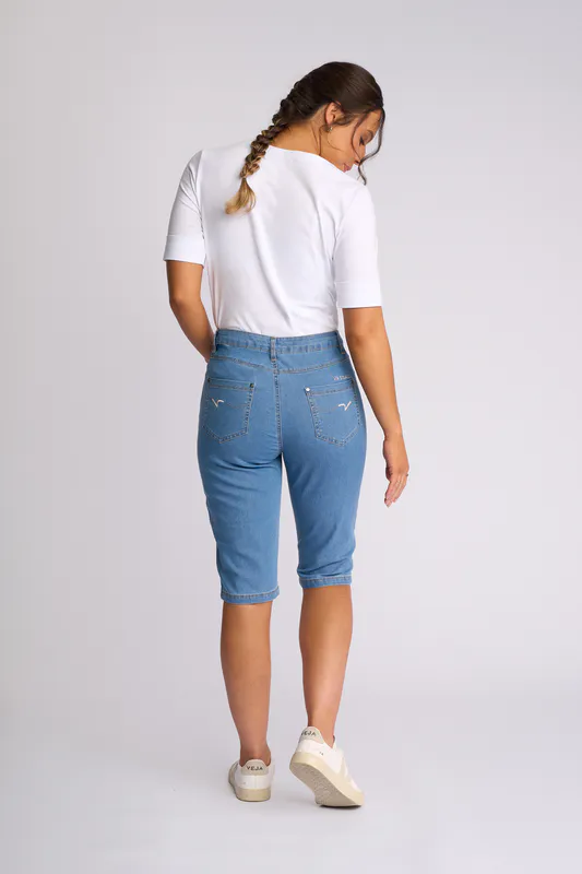 Model wearing Light Denim Alfa Short By Vassalli Available at Beetees Nelson