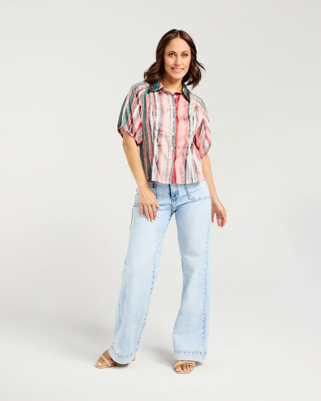 Model wearing Brsh Stripe Marie Shirt By Zafina Available at Beetees Nelson