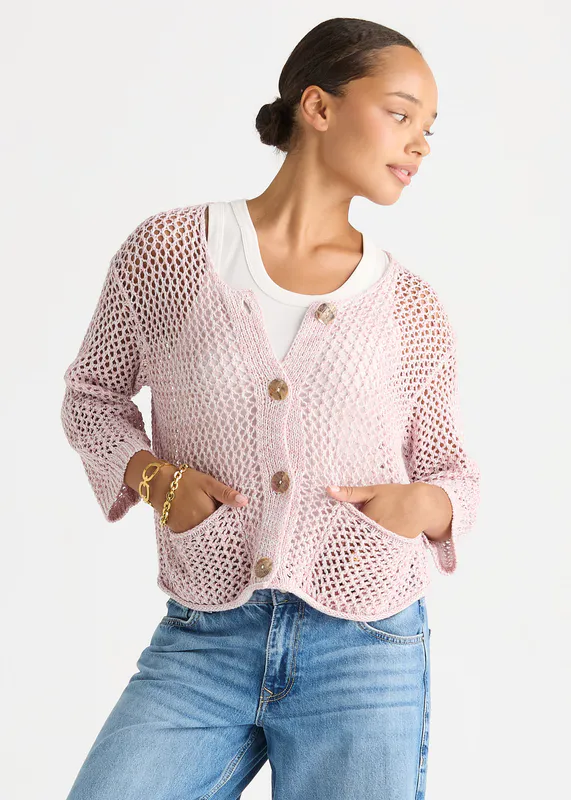 Model wearing Rose Colour Mix Cardi By LD + CO Available at Beetees Nelson
