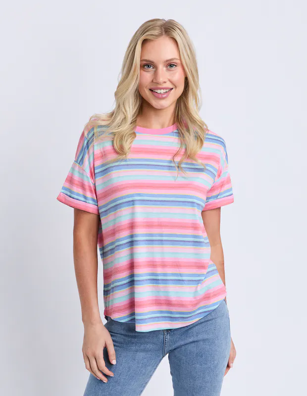 Model wearing Multi Stripe Icecream Tee By Elm Available at Beetees Nelson